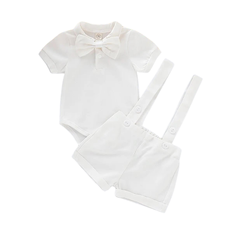 Conjunto Body Social Bebê e Bermuda com Suspensório Branco - Masculino - Tesouro Baby