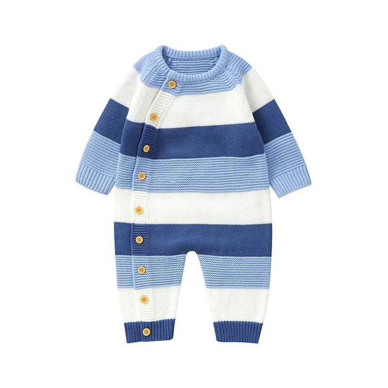 Macacão Listrado de Botão Infantil Azul - Masculino Bebê - Tesouro Baby