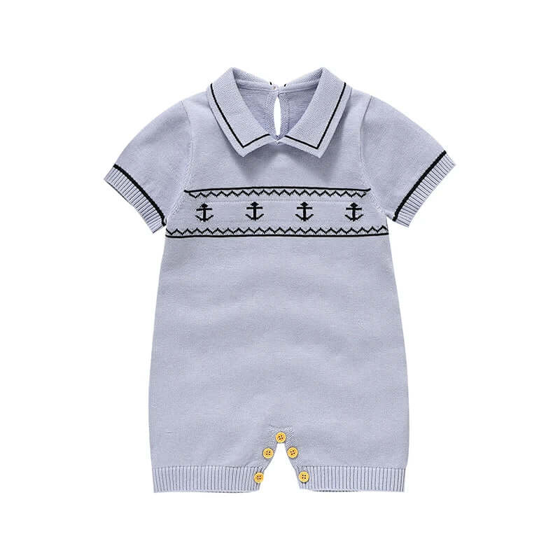 Macacão Curto Bebê Marinheiro Tricô Algodão Cinza - Masculino Infantil - Tesouro Baby