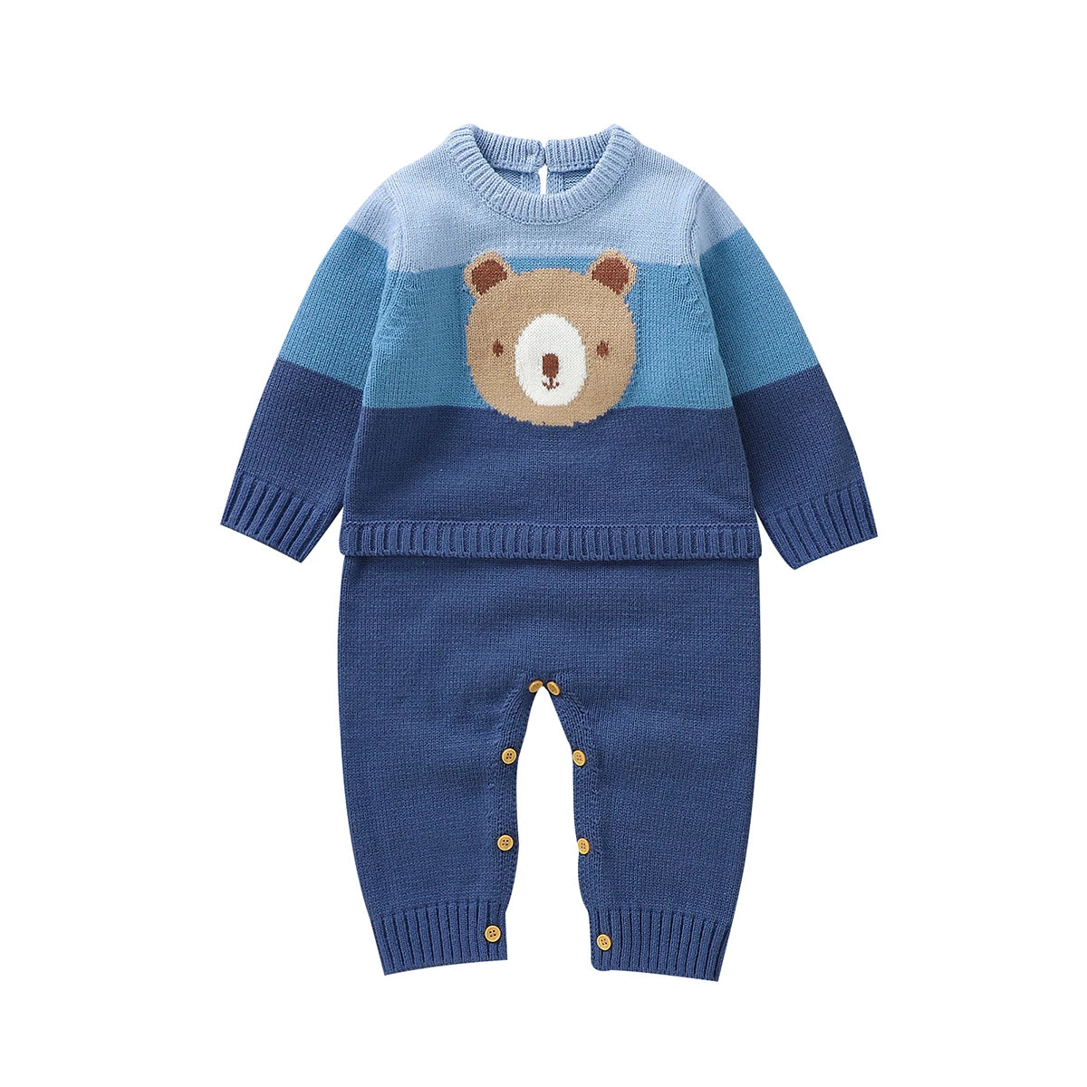 Macacão Azul Urso Tricô Gola Redonda Infantil - Masculino Bebê - Tesouro Baby